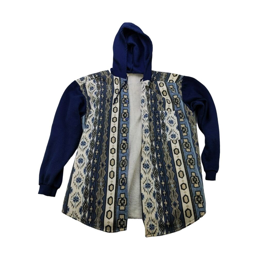 Vintage Mo Mart Western Print Full Button Hoodie Sweatshirt Size L Blue